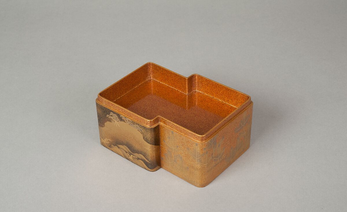 Incense Box with Designs of Pines Along the Shore and Young Pines, Gold maki-e on black lacquer, Japan