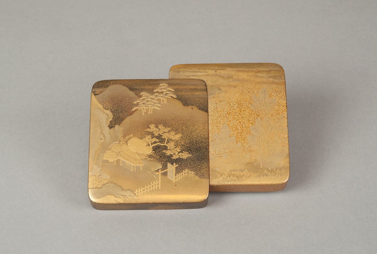 Incense Box with Designs of Pines Along the Shore and Young Pines, Gold maki-e on black lacquer, Japan