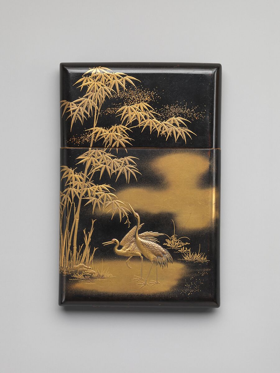 Card Case with Crane and Bamboo, Black lacquer ground with gold and silver hiramaki-e, Japan 