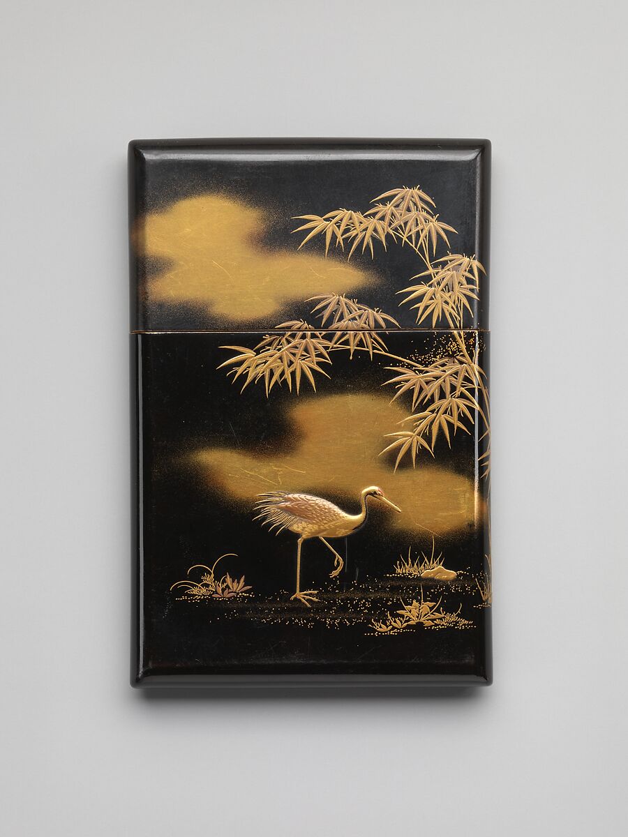 Card Case with Crane and Bamboo, Black lacquer ground with gold and silver hiramaki-e, Japan
