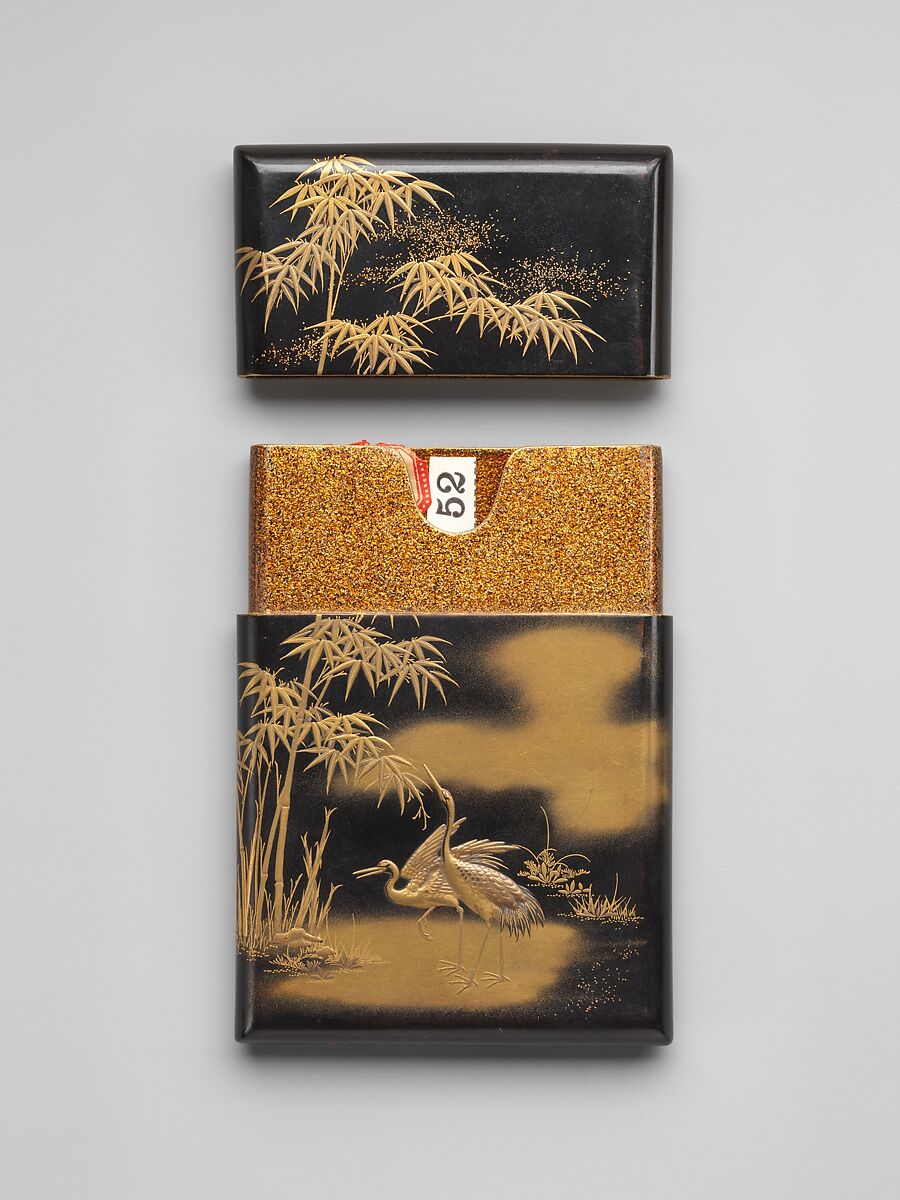 Card Case with Crane and Bamboo, Black lacquer ground with gold and silver hiramaki-e, Japan