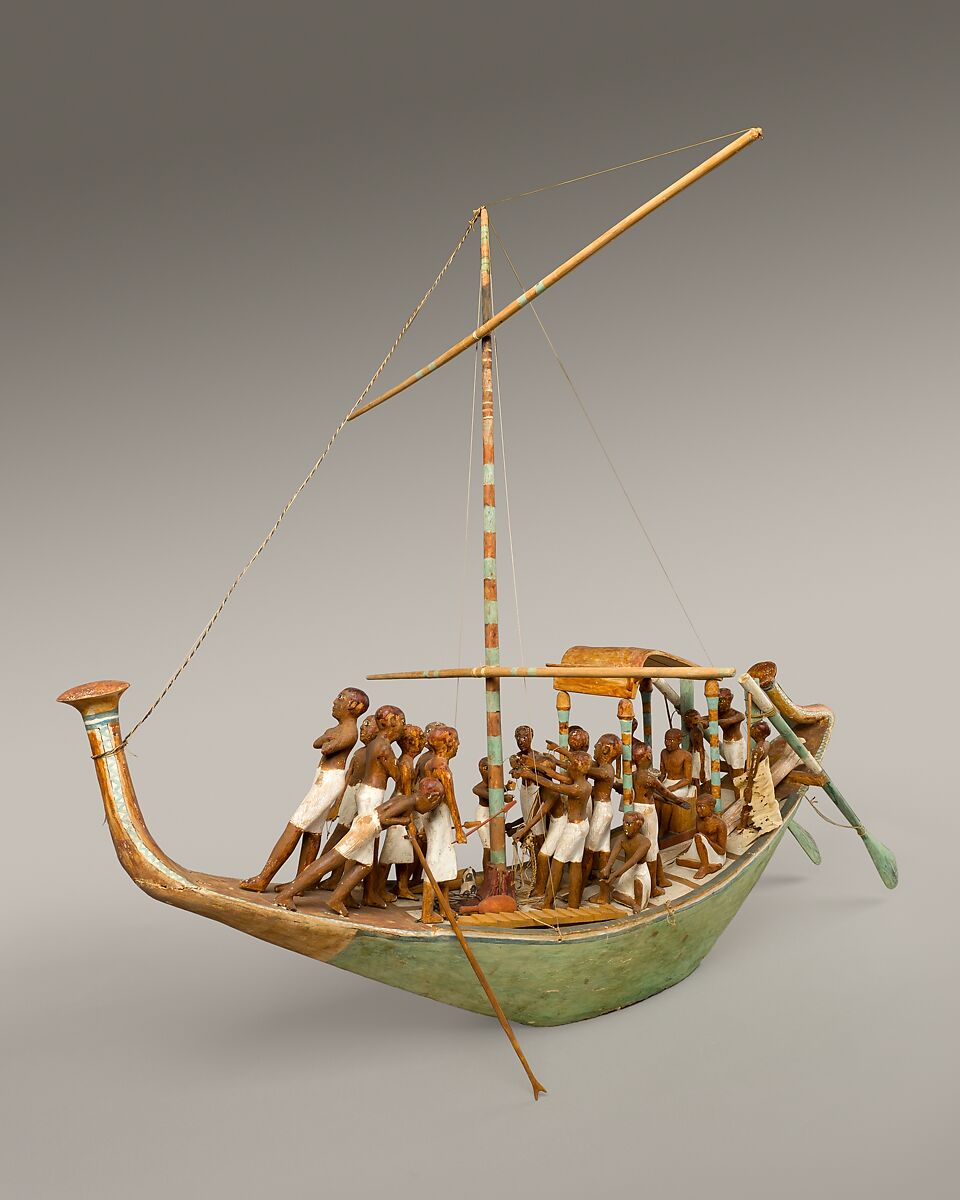 Model Sailboat, Wood, paint, plaster, linen twine, linen fabric