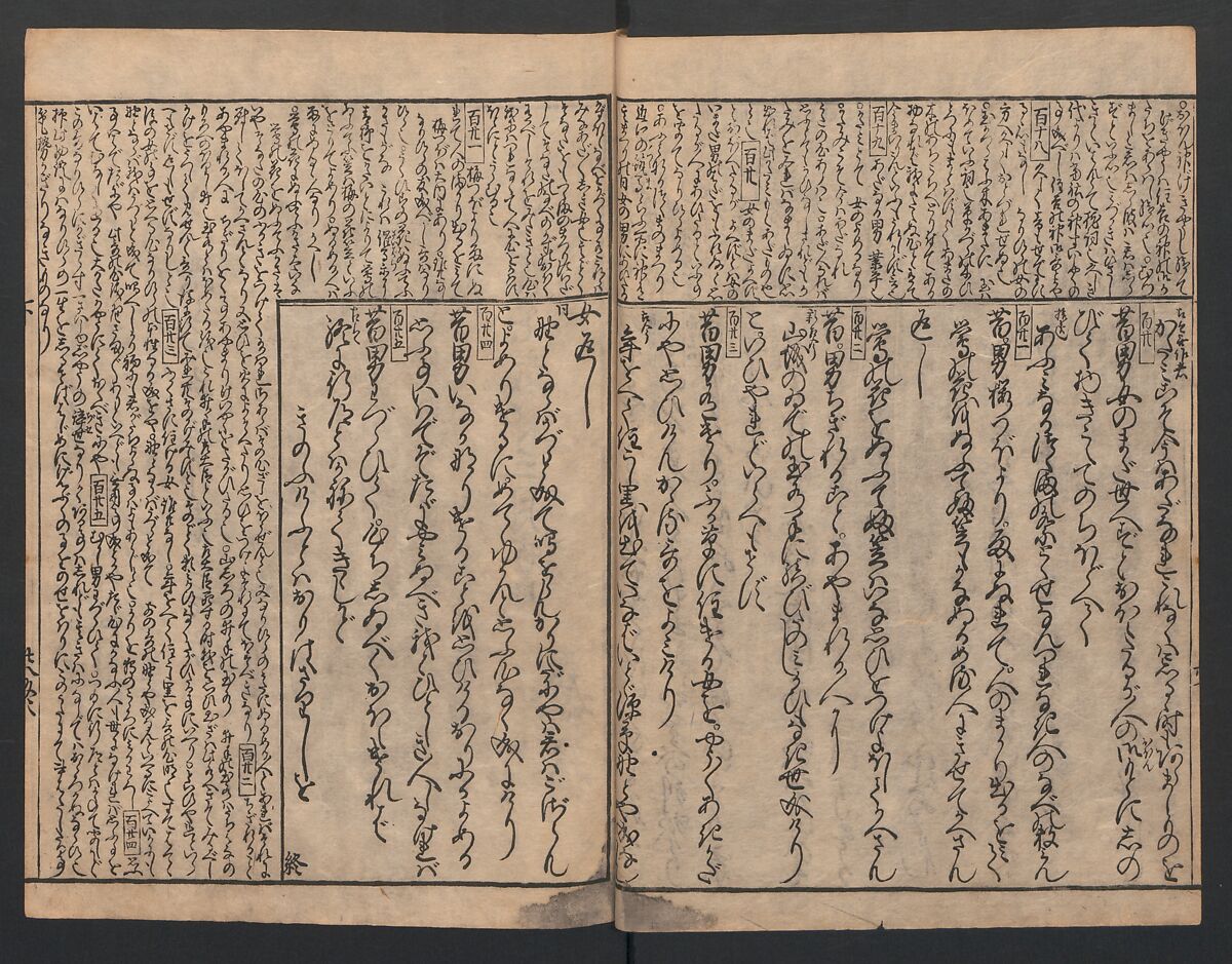 The Tales of Ise with Annotations (Ise Monogatari tōsho shō) 伊勢物語頭書抄, Hishikawa Moronobu (Japanese, 1618–1694), Set of 3 woodblock printed books; ink on paper, Japan