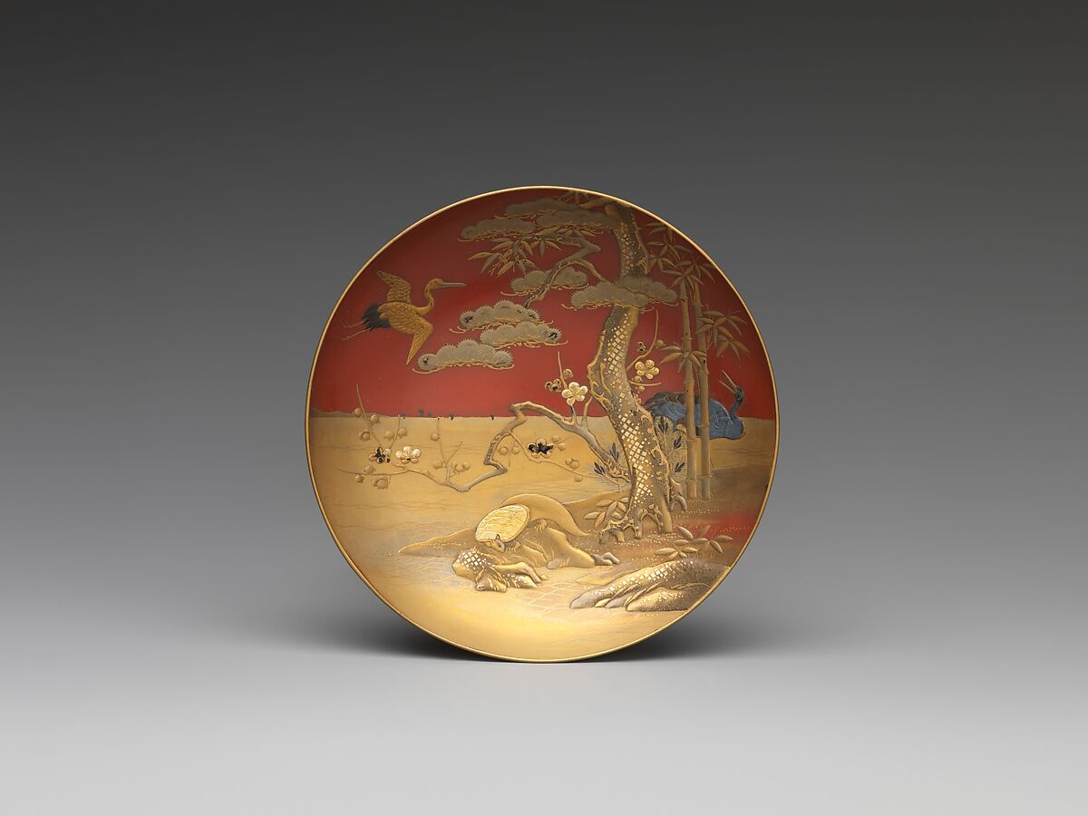 One of a Pair of Wine Cups (Sakazuki) with Mount Hōrai, Red lacquer ground with gold and silver hiramaki-e and gold and silver foil, Japan 