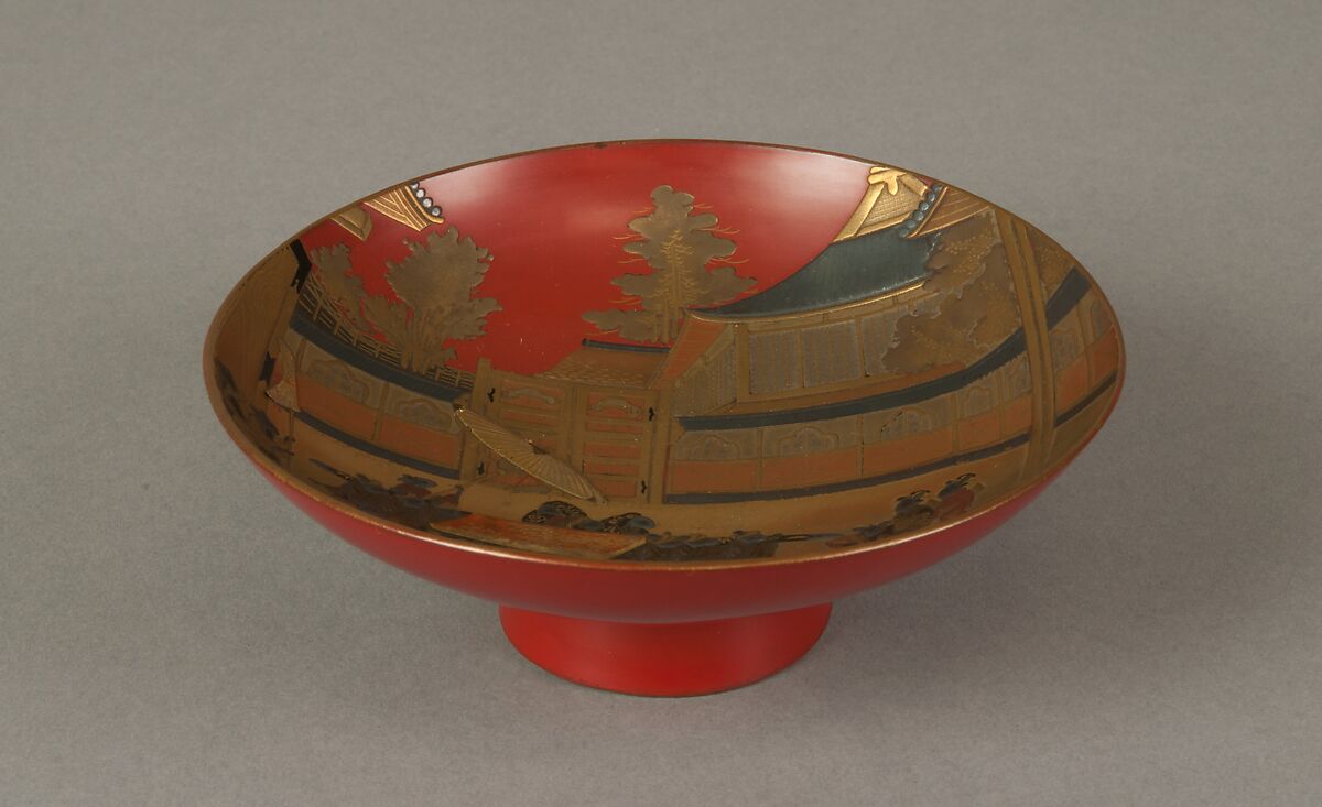 One of a Pair of Wine Cups (Sakazuki) with Mice’s Wedding, Red lacquer ground with gold and silver maki-e, black lacquer, and gold foil, Japan