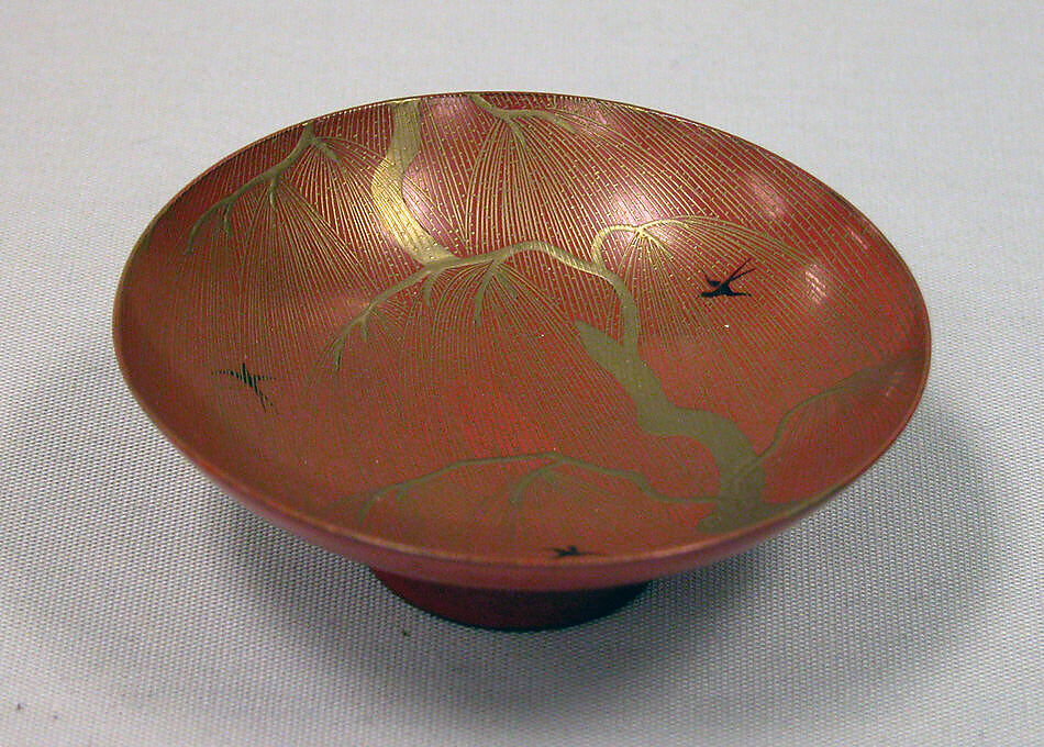 One of a Pair of Wine Cups (Sakazuki) with Willow and Swallows, Red lacquer ground with gold hiramaki-e on black lacquer, Japan 