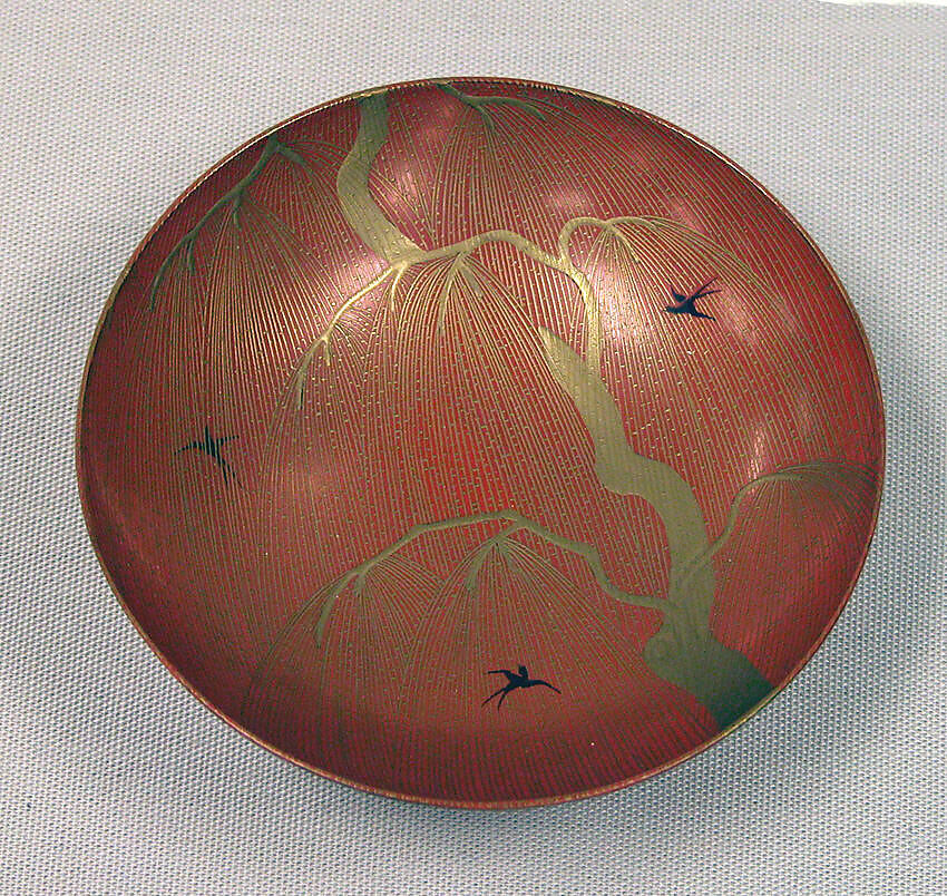 One of a Pair of Wine Cups (Sakazuki) with Willow and Swallows, Red lacquer ground with gold hiramaki-e on black lacquer, Japan