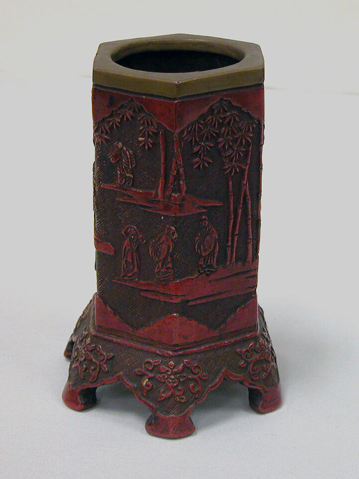 Brush Holder, Red lacquer with raised design, Japan 