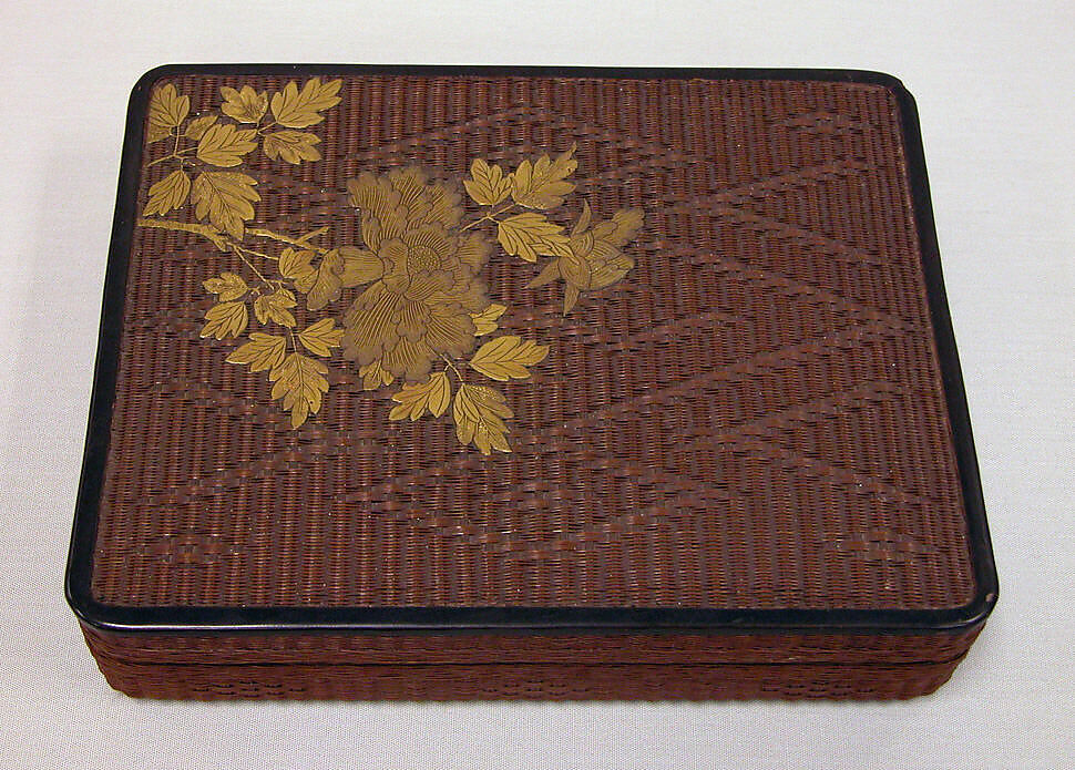 Basketwork Box with Peonies, Bamboo, rattan, and lacquer, with gold hiramaki-e, Japan 