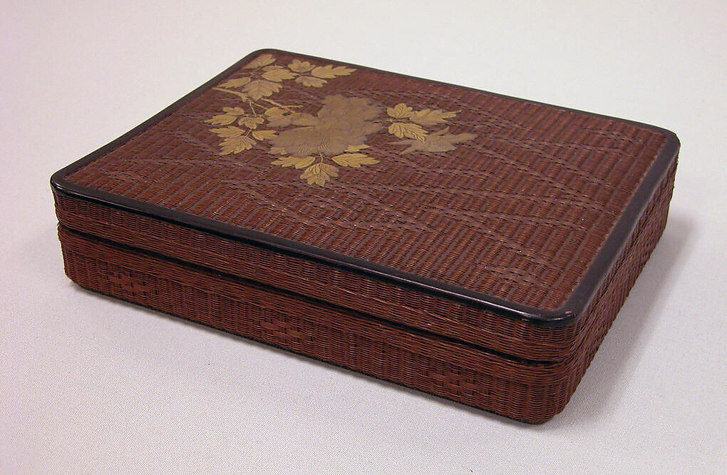 Basketwork Box with Peonies, Bamboo, rattan, and lacquer, with gold hiramaki-e, Japan