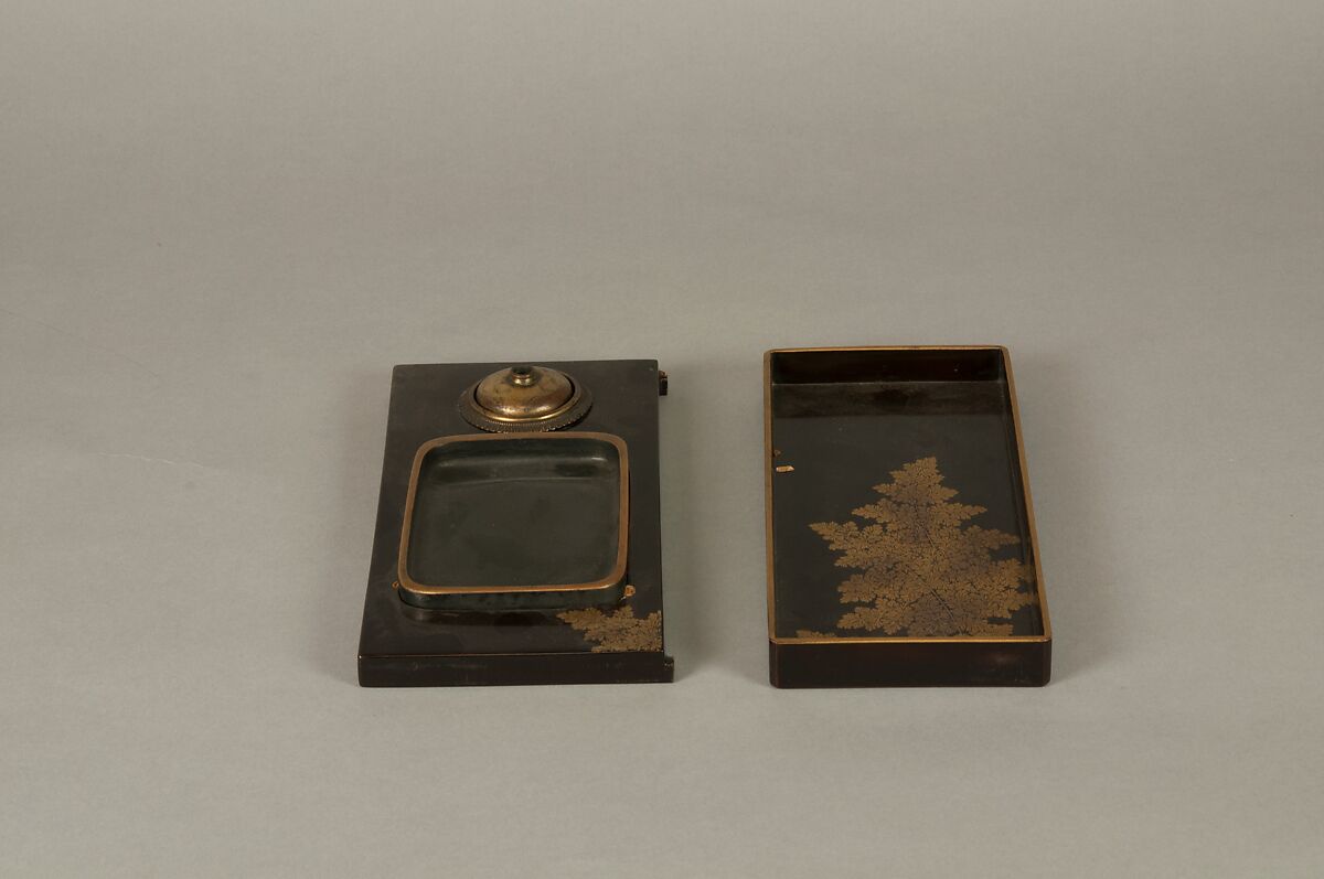Writing Box with Design of Plum Blossoms and Moon, Reddish-brown lacquer with gold hiramaki-e, lead, and mother-of-pearl inlay, Japan