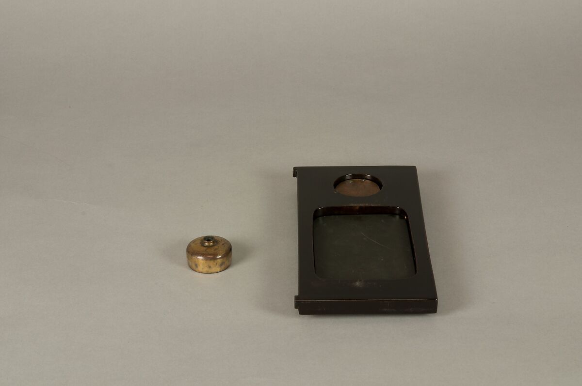 Writing Box with Design of Plum Blossoms and Moon, Reddish-brown lacquer with gold hiramaki-e, lead, and mother-of-pearl inlay, Japan