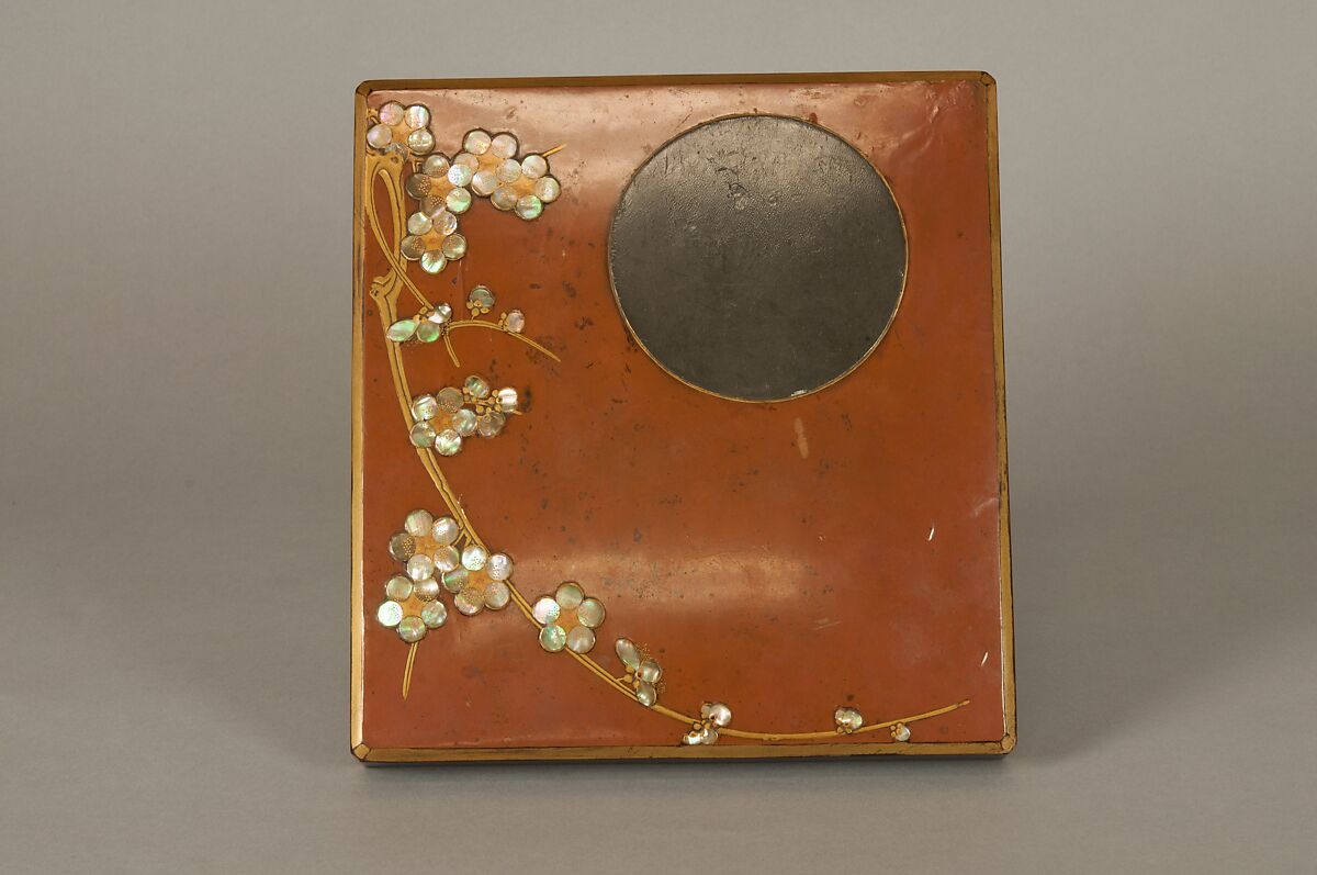 Writing Box with Design of Plum Blossoms and Moon, Reddish-brown lacquer with gold hiramaki-e, lead, and mother-of-pearl inlay, Japan