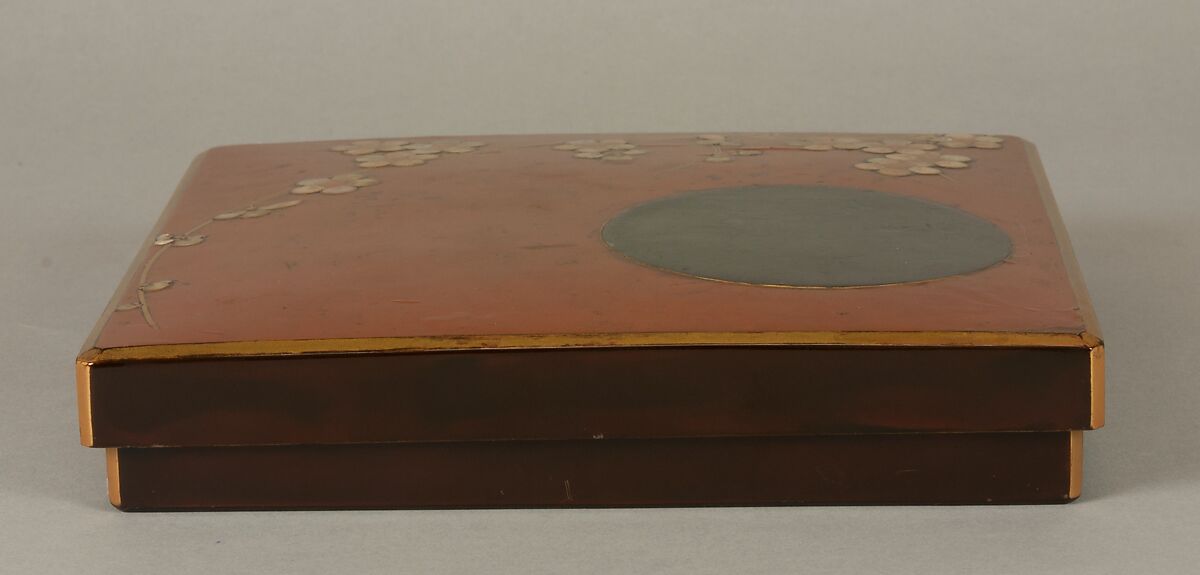 Writing Box with Design of Plum Blossoms and Moon, Reddish-brown lacquer with gold hiramaki-e, lead, and mother-of-pearl inlay, Japan