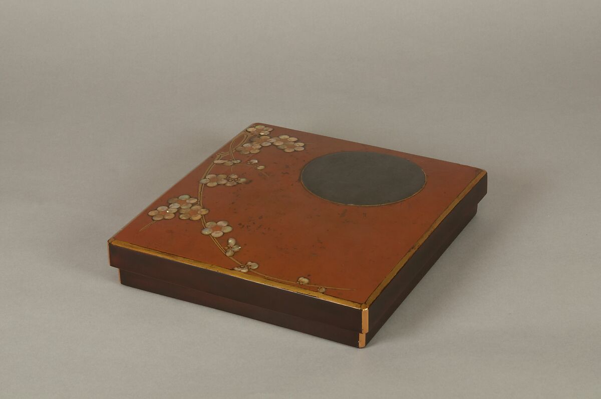 Writing Box with Design of Plum Blossoms and Moon, Reddish-brown lacquer with gold hiramaki-e, lead, and mother-of-pearl inlay, Japan 