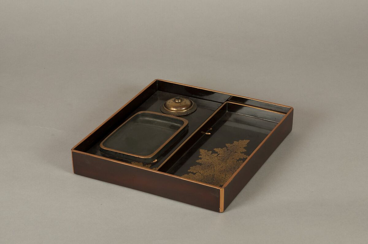 Writing Box with Design of Plum Blossoms and Moon, Reddish-brown lacquer with gold hiramaki-e, lead, and mother-of-pearl inlay, Japan