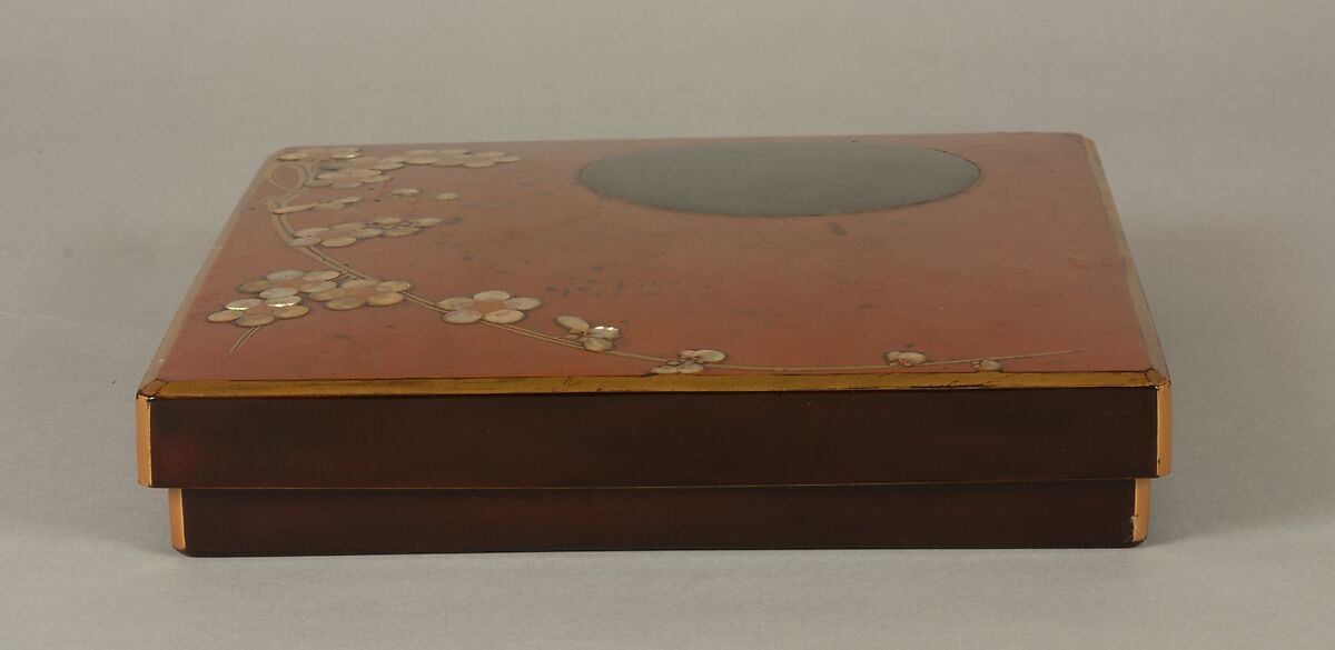 Writing Box with Design of Plum Blossoms and Moon, Reddish-brown lacquer with gold hiramaki-e, lead, and mother-of-pearl inlay, Japan
