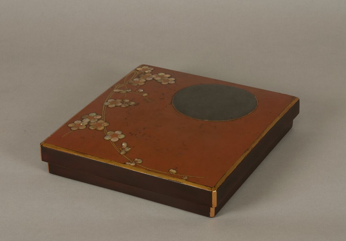 Writing Box with Design of Plum Blossoms and Moon, Reddish-brown lacquer with gold hiramaki-e, lead, and mother-of-pearl inlay, Japan