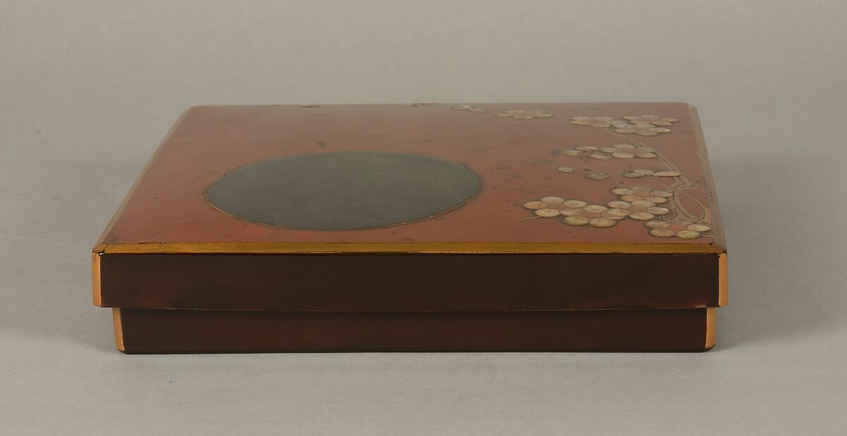 Writing Box with Design of Plum Blossoms and Moon, Reddish-brown lacquer with gold hiramaki-e, lead, and mother-of-pearl inlay, Japan