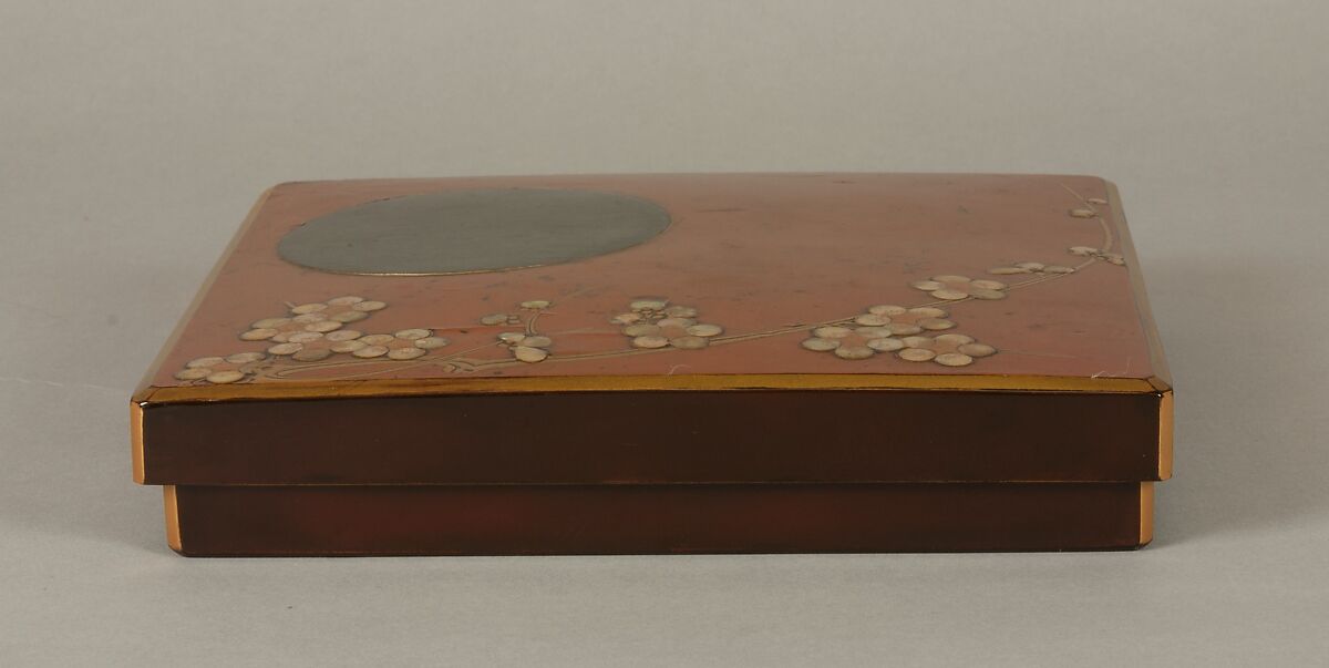 Writing Box with Design of Plum Blossoms and Moon, Reddish-brown lacquer with gold hiramaki-e, lead, and mother-of-pearl inlay, Japan