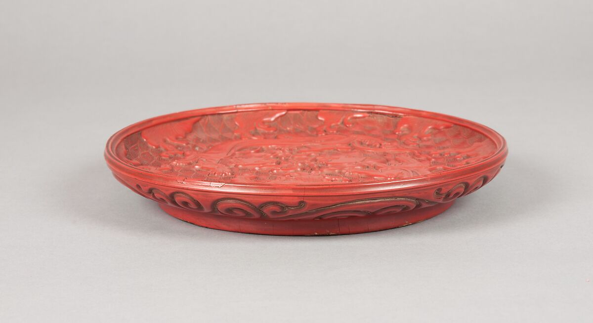 Tray with Design of Dragons in Waves, Carved red lacquer (tsuishu), Japan