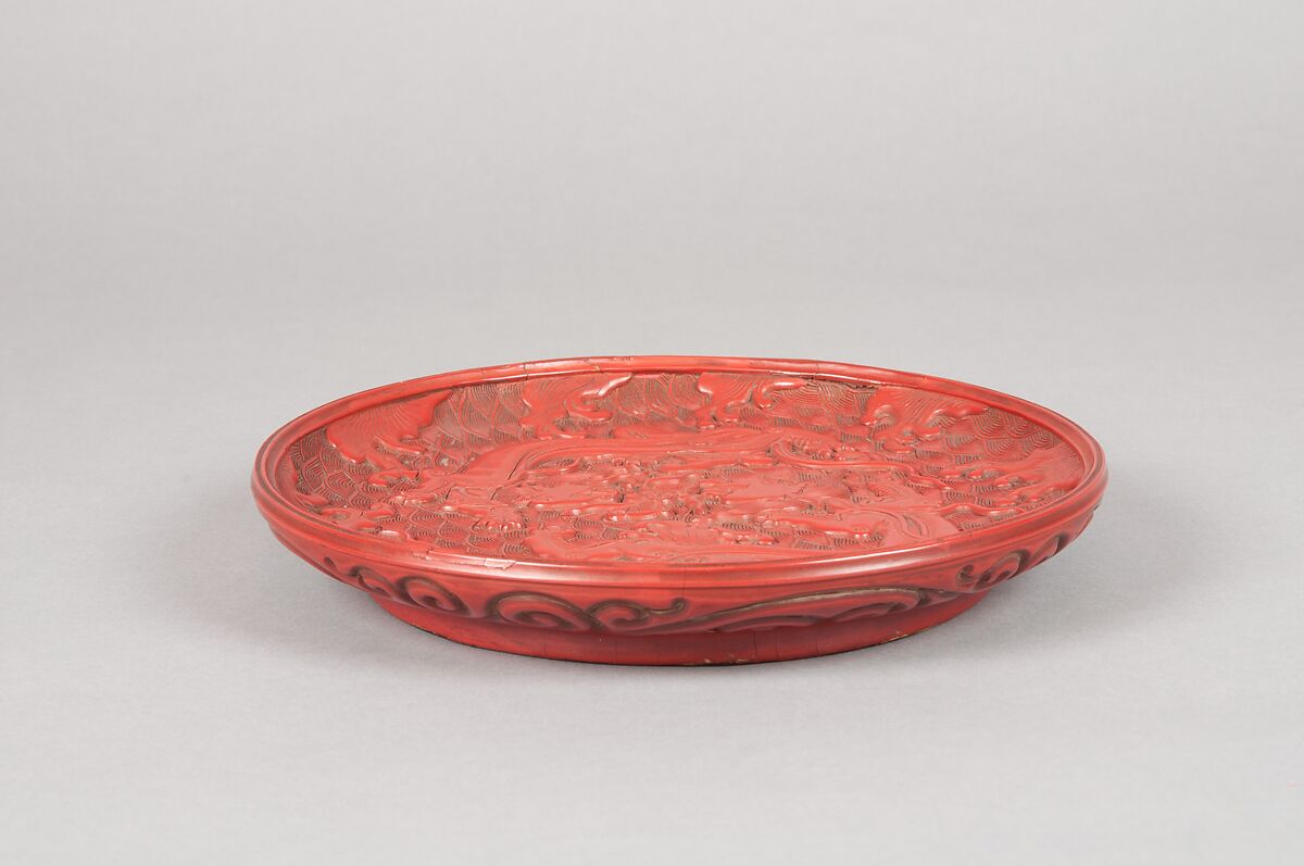 Tray with Design of Dragons in Waves, Carved red lacquer (tsuishu), Japan