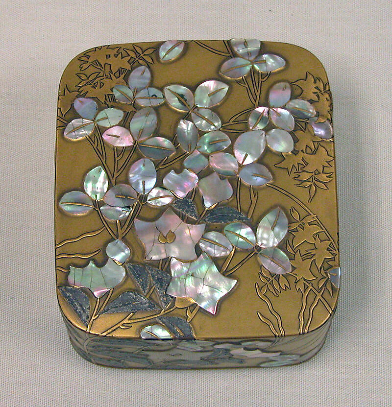 Box with Design of Bellflower and Bush Clover, Style of Ogata Kōrin (Japanese, 1658–1716), Gold inlaid with mother-of-pearl and tin" to "Gold hiramaki-e, takamaki-e, tin and mother-of-pearl inlay on gold ground, Japan