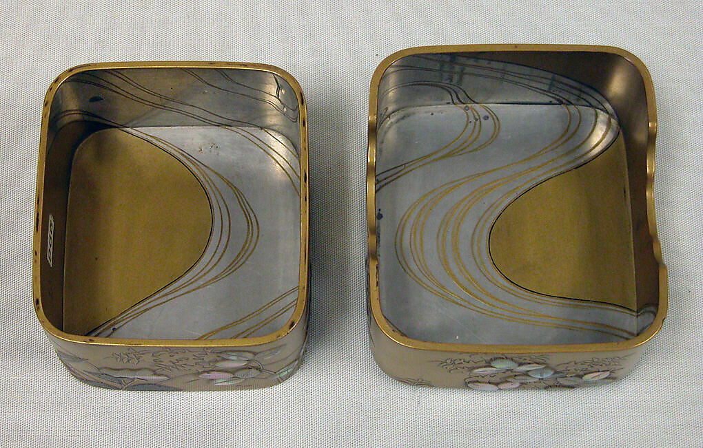 Box with Design of Bellflower and Bush Clover, Style of Ogata Kōrin (Japanese, 1658–1716), Gold inlaid with mother-of-pearl and tin" to "Gold hiramaki-e, takamaki-e, tin and mother-of-pearl inlay on gold ground, Japan