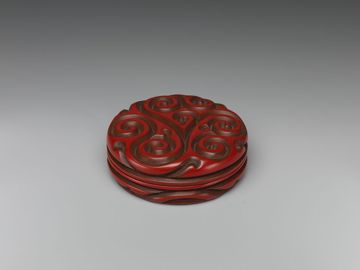 Incense box with “fragrant grass” design, Carved black, red, and yellow lacquer, China 