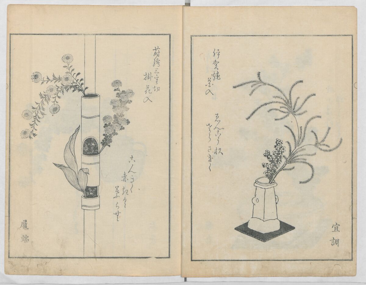 A Book on Flower Arrangement: Hare's-Foot Fern (Shinobugusa) 師廼部供作 (vol. 2);  思乃父魚砂 (vol. 3), Yoshida Tōgetsu 吉田桃月, Monochrome Woodblock printed books; ink on paper, Japan