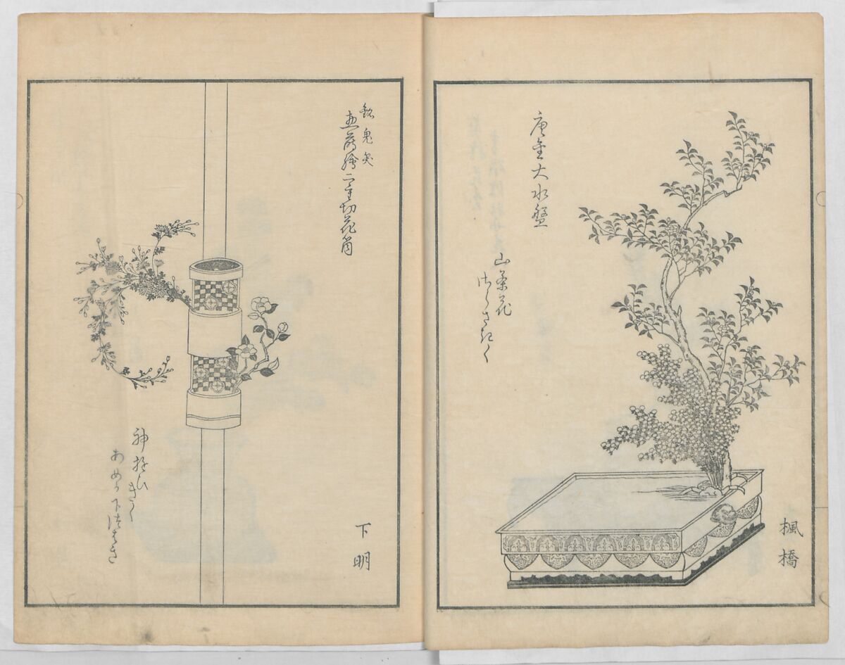 A Book on Flower Arrangement: Hare's-Foot Fern (Shinobugusa) 師廼部供作 (vol. 2);  思乃父魚砂 (vol. 3), Yoshida Tōgetsu 吉田桃月, Monochrome Woodblock printed books; ink on paper, Japan