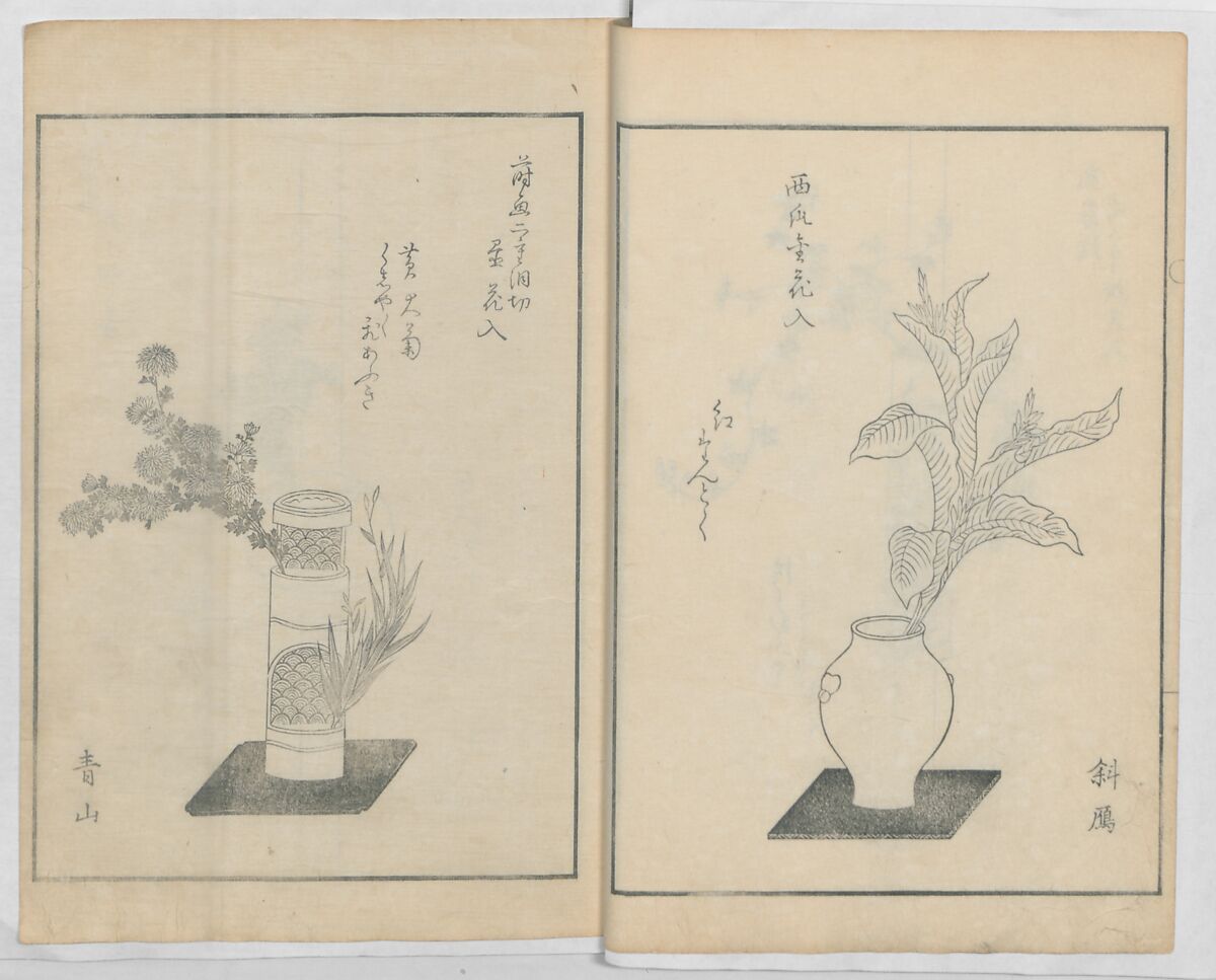 A Book on Flower Arrangement: Hare's-Foot Fern (Shinobugusa) 師廼部供作 (vol. 2);  思乃父魚砂 (vol. 3), Yoshida Tōgetsu 吉田桃月, Monochrome Woodblock printed books; ink on paper, Japan