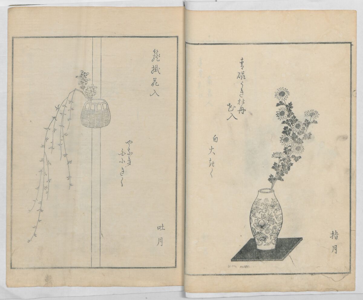 A Book on Flower Arrangement: Hare's-Foot Fern (Shinobugusa) 師廼部供作 (vol. 2);  思乃父魚砂 (vol. 3), Yoshida Tōgetsu 吉田桃月, Monochrome Woodblock printed books; ink on paper, Japan