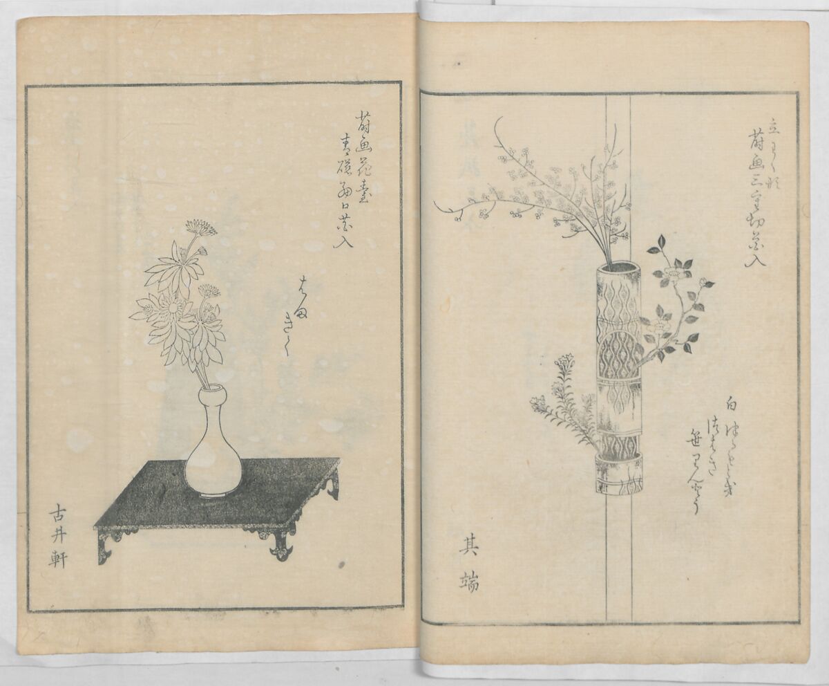 A Book on Flower Arrangement: Hare's-Foot Fern (Shinobugusa) 師廼部供作 (vol. 2);  思乃父魚砂 (vol. 3), Yoshida Tōgetsu 吉田桃月, Monochrome Woodblock printed books; ink on paper, Japan