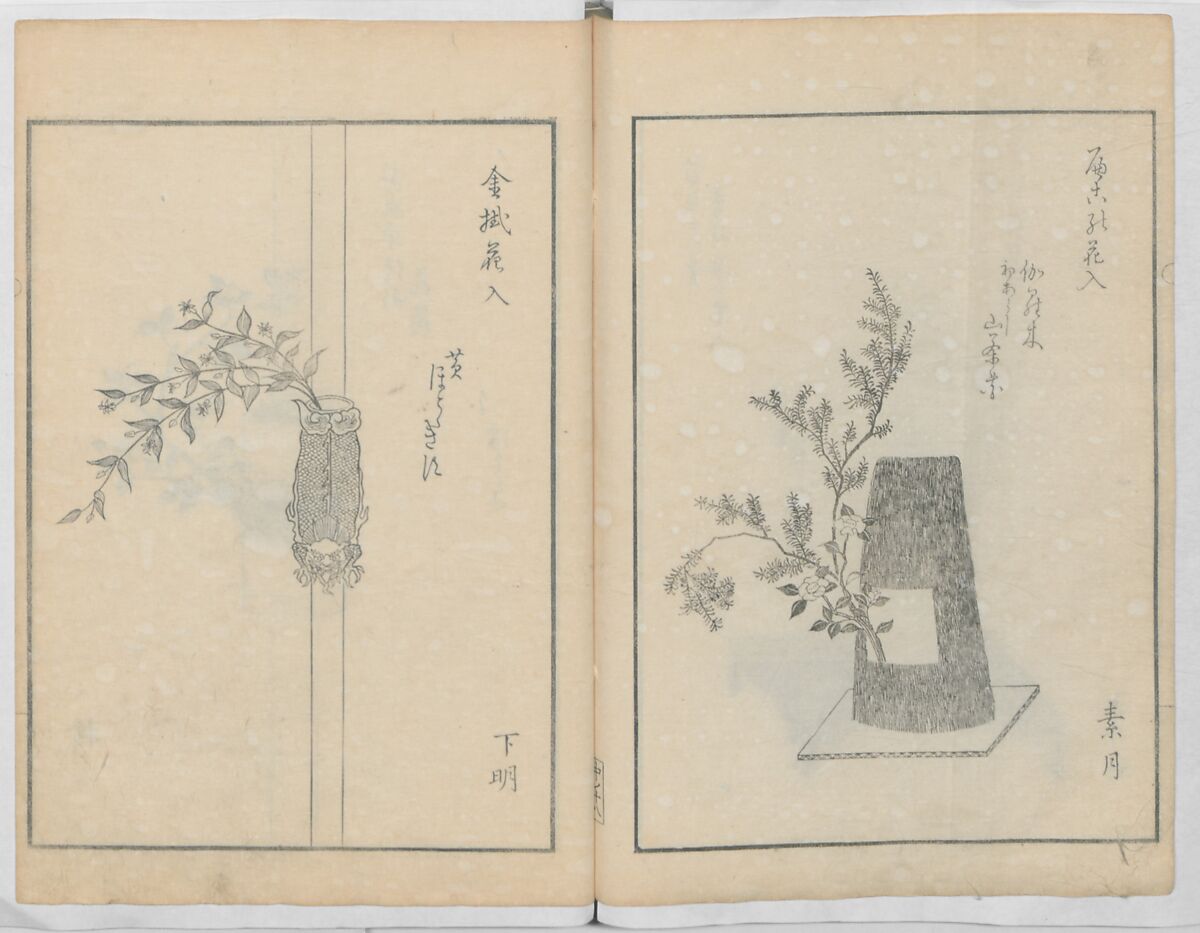 A Book on Flower Arrangement: Hare's-Foot Fern (Shinobugusa) 師廼部供作 (vol. 2);  思乃父魚砂 (vol. 3), Yoshida Tōgetsu 吉田桃月, Monochrome Woodblock printed books; ink on paper, Japan