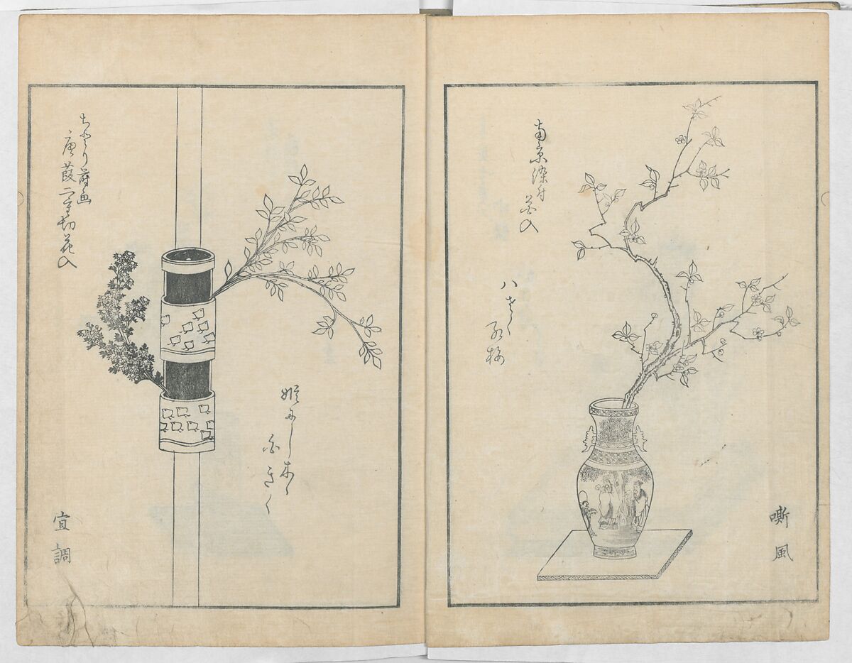 A Book on Flower Arrangement: Hare's-Foot Fern (Shinobugusa) 師廼部供作 (vol. 2);  思乃父魚砂 (vol. 3), Yoshida Tōgetsu 吉田桃月, Monochrome Woodblock printed books; ink on paper, Japan