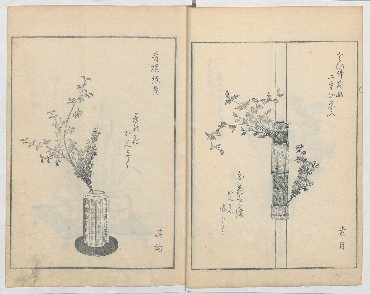 A Book on Flower Arrangement: Hare's-Foot Fern (Shinobugusa) 師廼部供作 (vol. 2);  思乃父魚砂 (vol. 3), Yoshida Tōgetsu 吉田桃月, Monochrome Woodblock printed books; ink on paper, Japan