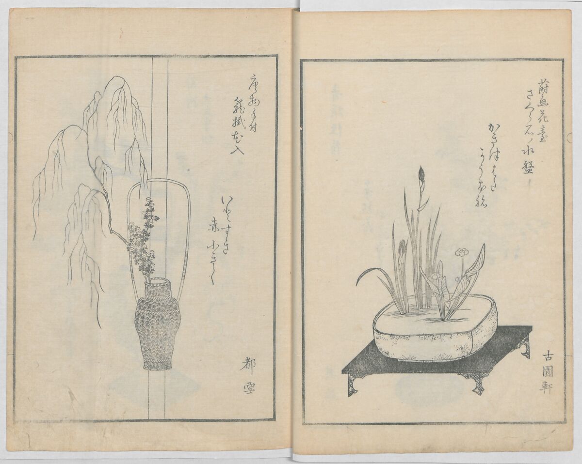 A Book on Flower Arrangement: Hare's-Foot Fern (Shinobugusa) 師廼部供作 (vol. 2);  思乃父魚砂 (vol. 3), Yoshida Tōgetsu 吉田桃月, Monochrome Woodblock printed books; ink on paper, Japan
