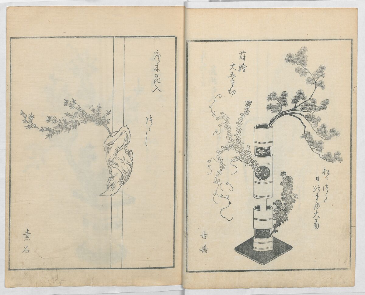 A Book on Flower Arrangement: Hare's-Foot Fern (Shinobugusa) 師廼部供作 (vol. 2);  思乃父魚砂 (vol. 3), Yoshida Tōgetsu 吉田桃月, Monochrome Woodblock printed books; ink on paper, Japan