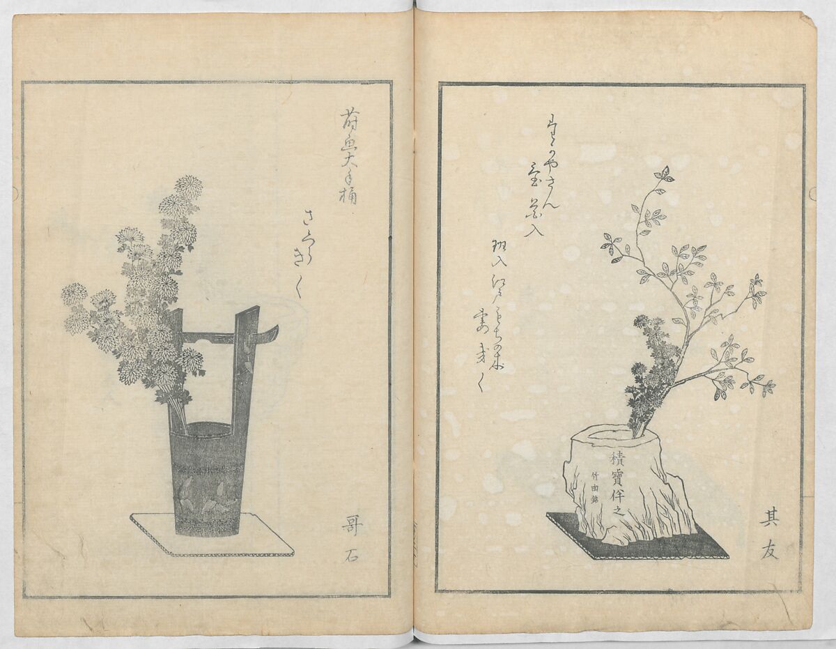A Book on Flower Arrangement: Hare's-Foot Fern (Shinobugusa) 師廼部供作 (vol. 2);  思乃父魚砂 (vol. 3), Yoshida Tōgetsu 吉田桃月, Monochrome Woodblock printed books; ink on paper, Japan
