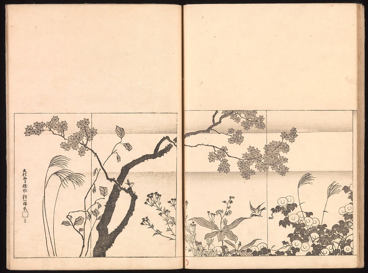 Mirror of Genuine Work of Monk Hōitsu (Hōitsu shōnin shinseki kagami), Ikeda Koson (Japanese, 1803–1868), Set of two woodblock printed books; ink and color on paper, Japan