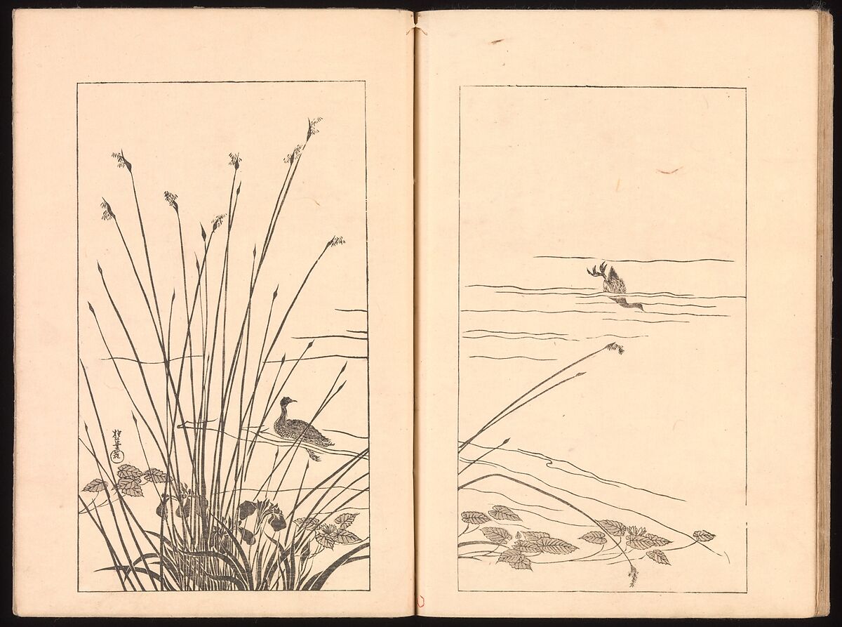 Mirror of Genuine Work of Monk Hōitsu (Hōitsu shōnin shinseki kagami), Ikeda Koson (Japanese, 1803–1868), Set of two woodblock printed books; ink and color on paper, Japan