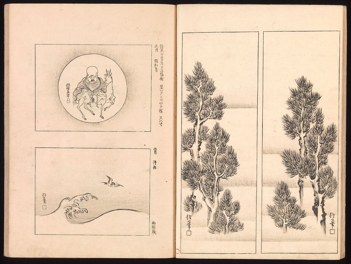 Mirror of Genuine Work of Monk Hōitsu (Hōitsu shōnin shinseki kagami), Ikeda Koson (Japanese, 1803–1868), Set of two woodblock printed books; ink and color on paper, Japan