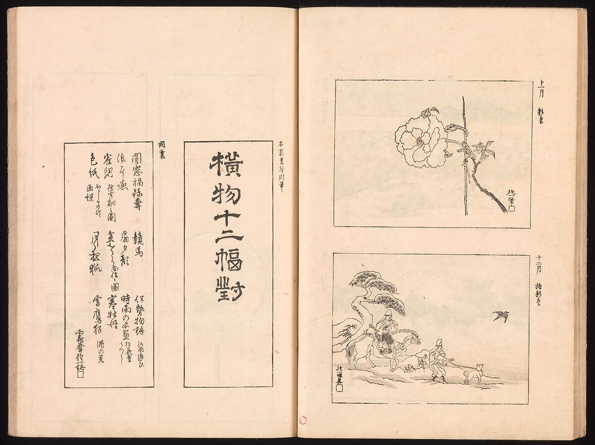 Mirror of Genuine Work of Monk Hōitsu (Hōitsu shōnin shinseki kagami), Ikeda Koson (Japanese, 1803–1868), Set of two woodblock printed books; ink and color on paper, Japan