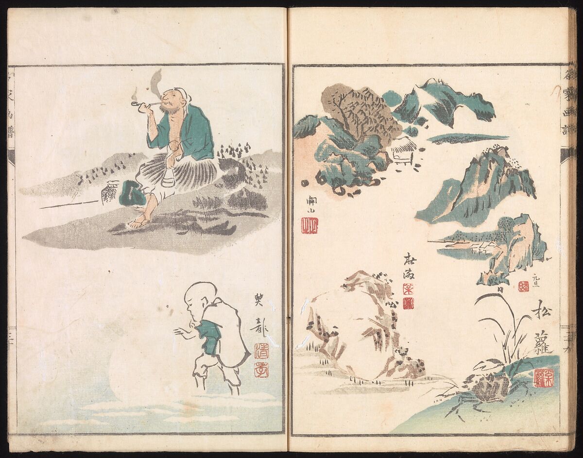 Sketches Reproduced from Works of Famous Artists, Kawanabe Kyōsai 河鍋暁斎 (Japanese, 1831–1889) and many others, Ink and color on paper, Japan
