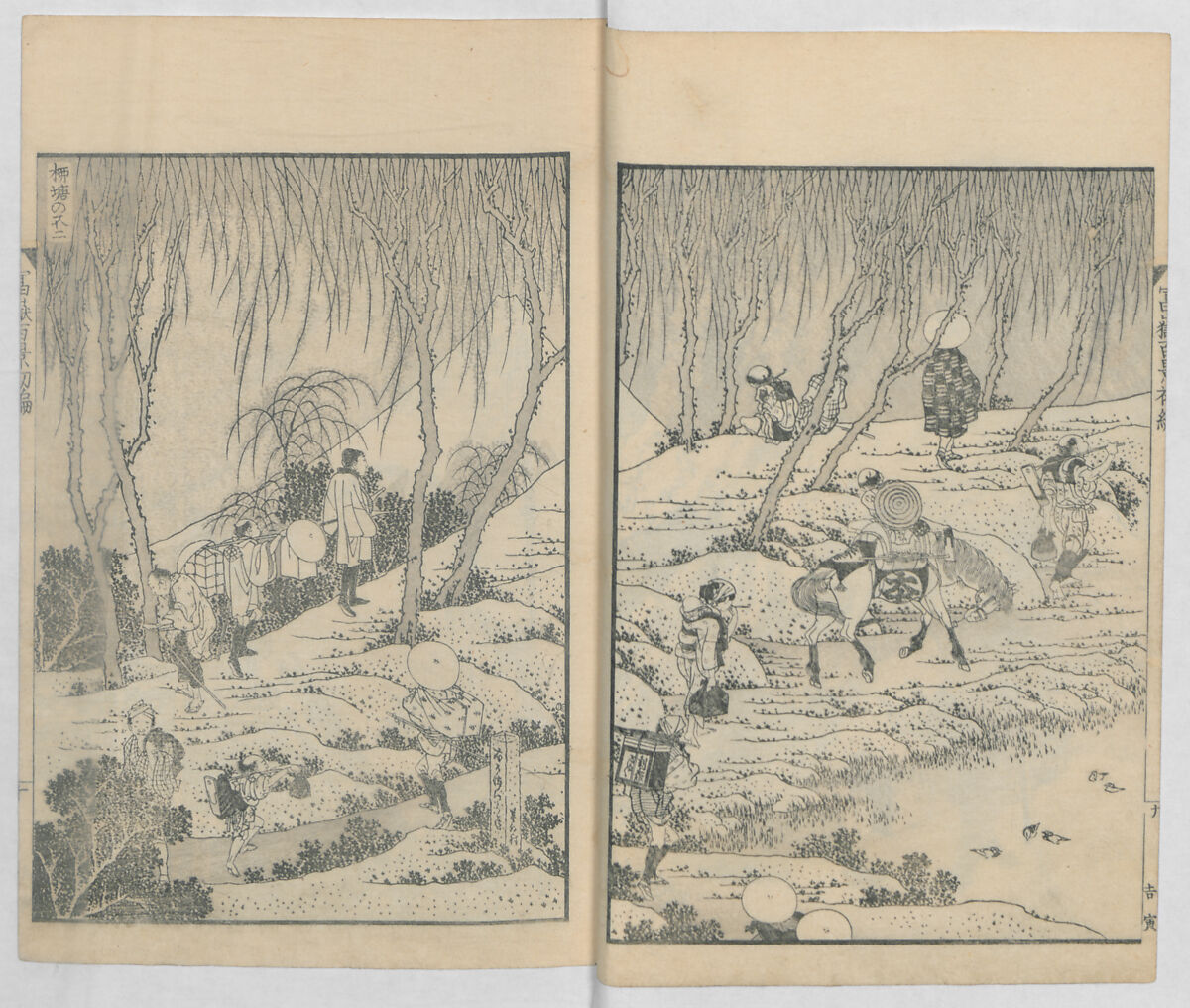 One Hundred Views of Mount Fuji (Fugaku hyakkei, nihen)  富嶽百景二編, Katsushika Hokusai 葛飾北斎 (Japanese, Tokyo (Edo) 1760–1849 Tokyo (Edo)), Woodblock print (first and second volumes with 100 pages of illustrations); ink and color on paper, Japan