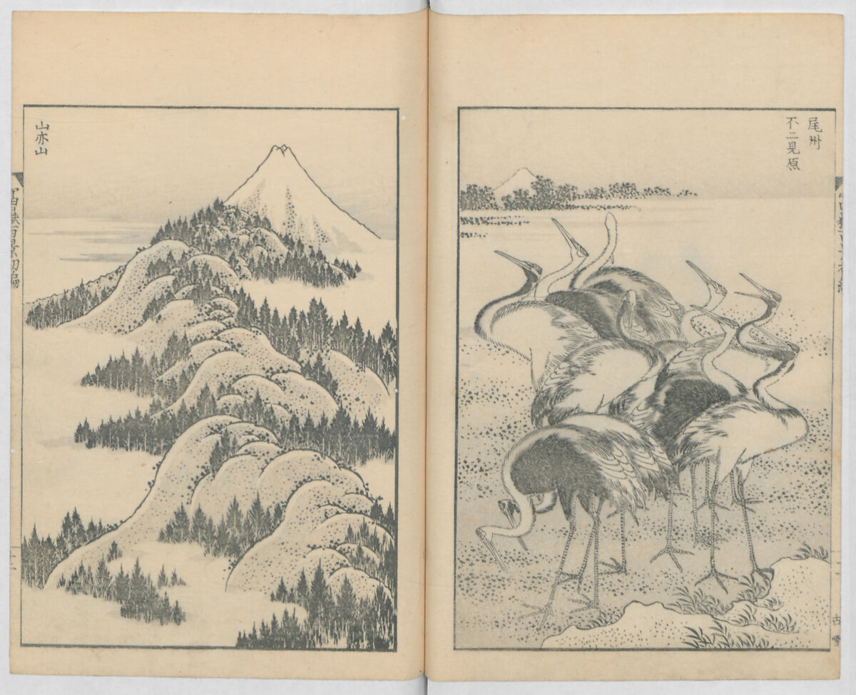 One Hundred Views of Mount Fuji (Fugaku hyakkei, nihen)  富嶽百景二編, Katsushika Hokusai 葛飾北斎 (Japanese, Tokyo (Edo) 1760–1849 Tokyo (Edo)), Woodblock print (first and second volumes with 100 pages of illustrations); ink and color on paper, Japan