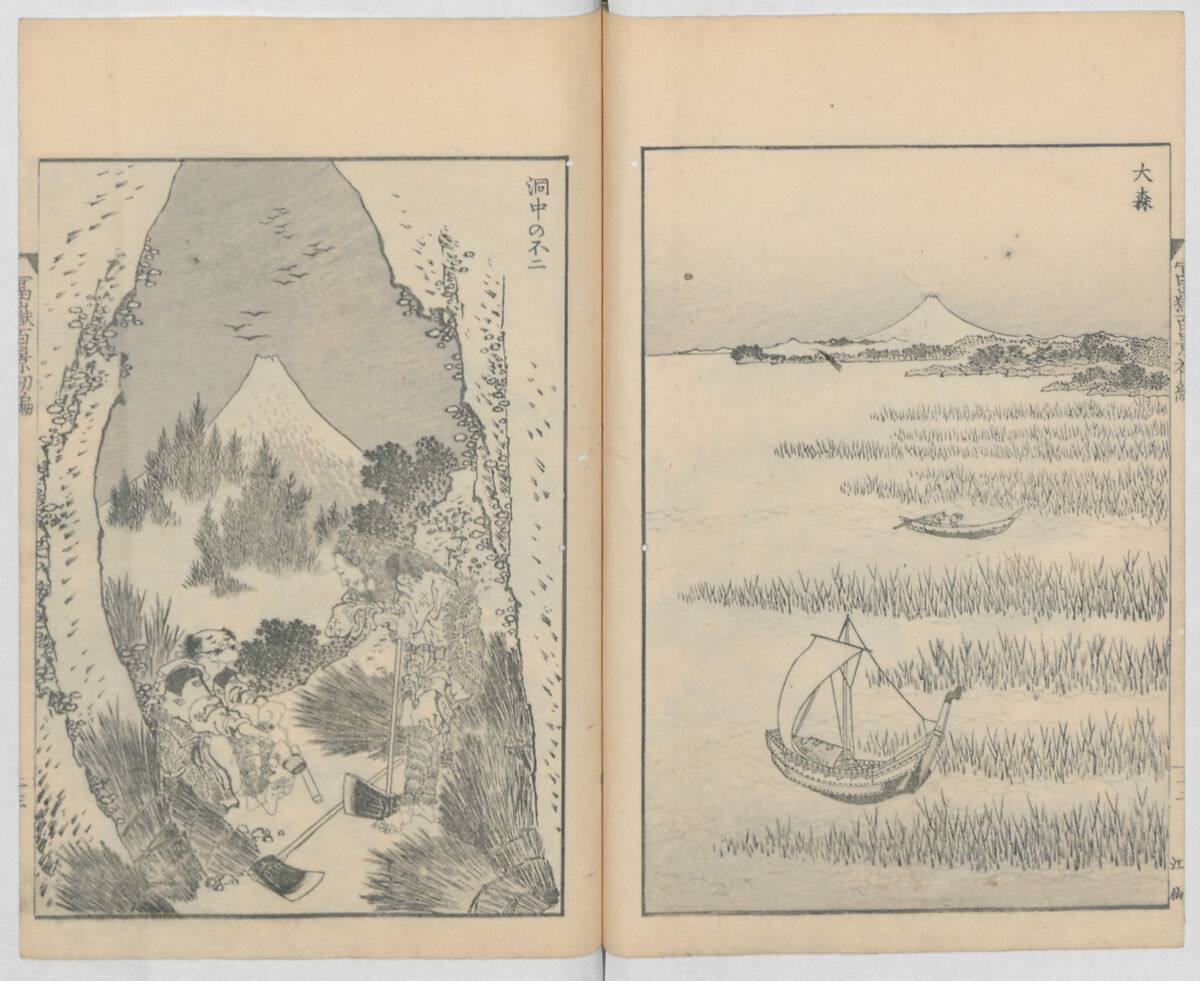 One Hundred Views of Mount Fuji (Fugaku hyakkei, nihen)  富嶽百景二編, Katsushika Hokusai 葛飾北斎 (Japanese, Tokyo (Edo) 1760–1849 Tokyo (Edo)), Woodblock print (first and second volumes with 100 pages of illustrations); ink and color on paper, Japan