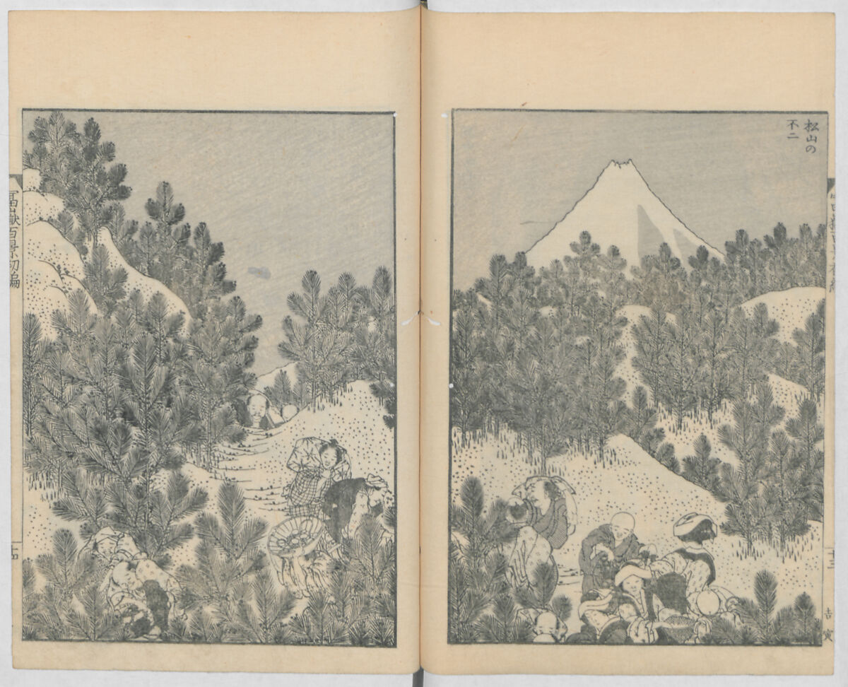 One Hundred Views of Mount Fuji (Fugaku hyakkei, nihen)  富嶽百景二編, Katsushika Hokusai 葛飾北斎 (Japanese, Tokyo (Edo) 1760–1849 Tokyo (Edo)), Woodblock print (first and second volumes with 100 pages of illustrations); ink and color on paper, Japan
