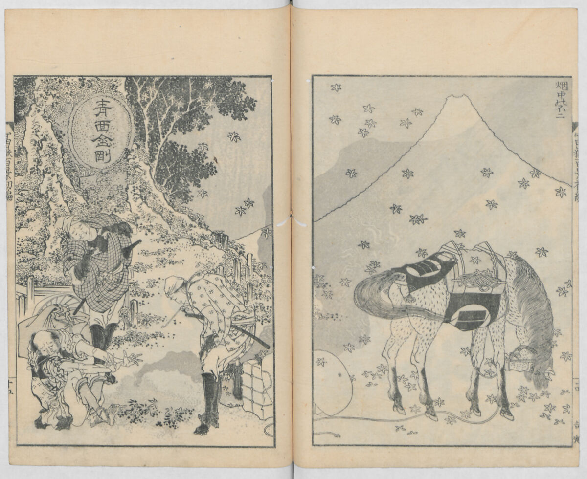 One Hundred Views of Mount Fuji (Fugaku hyakkei, nihen)  富嶽百景二編, Katsushika Hokusai 葛飾北斎 (Japanese, Tokyo (Edo) 1760–1849 Tokyo (Edo)), Woodblock print (first and second volumes with 100 pages of illustrations); ink and color on paper, Japan